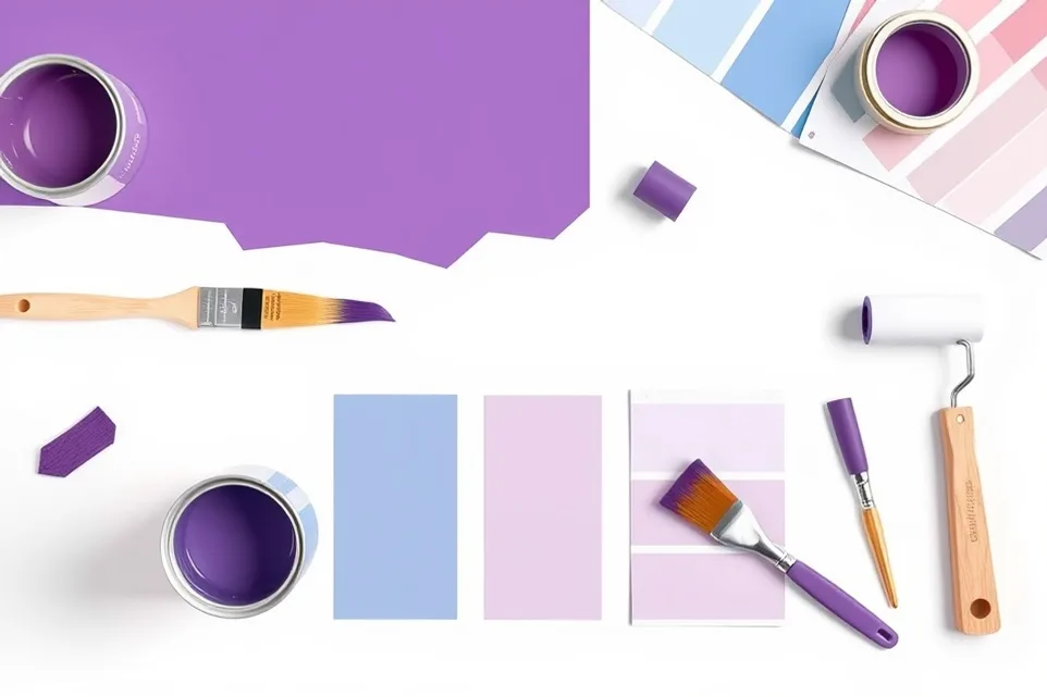 Pots de peinture, nuancier, brosses et rouleaux disposés à plat