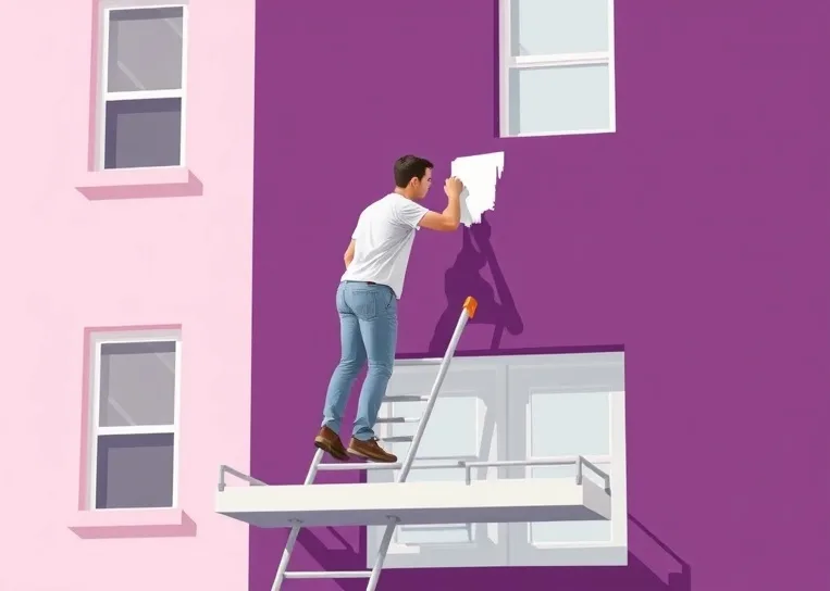 Peintre sur échafaudage traitant la façade d'une maison